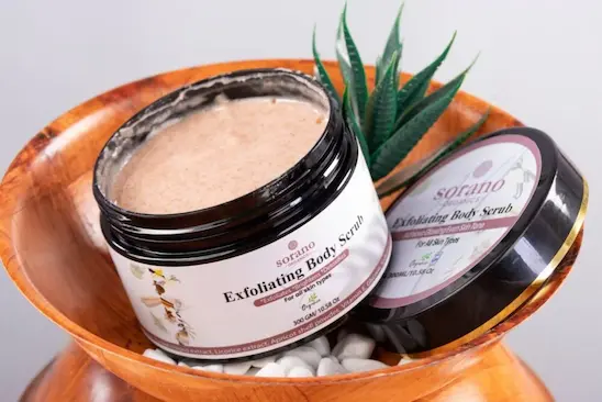 Sorano's Exfoliating Body Scrub 300gm – natural sugar-based body exfoliator for glowing skin, dark spots, and ingrown hairs