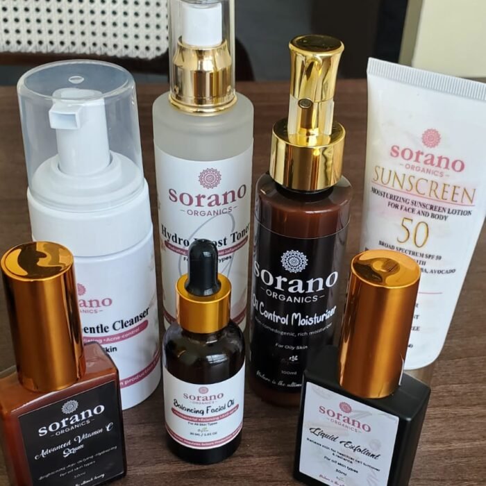 7-piece Sorano Organics Full Facial Kit (Oily Skin) featuring oil-control cleanser, serum, and sunscreen on a clean background