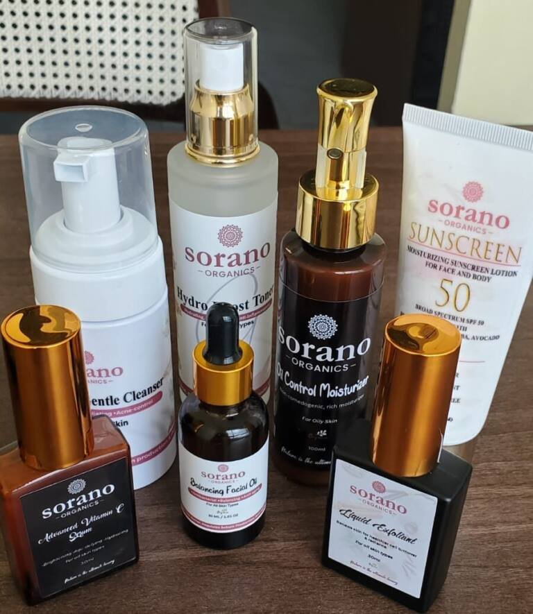 7-piece Sorano Organics Full Facial Kit (Oily Skin) featuring oil-control cleanser, serum, and sunscreen on a clean background
