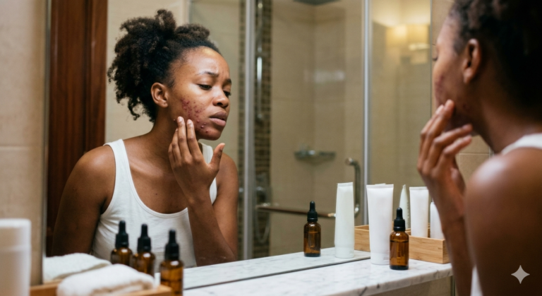 Adult woman examining facial acne breakouts in mirror, representing causes of acne in adults and skin concerns