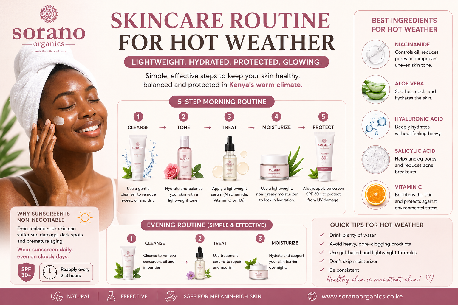 Woman following a skincare routine for hot weather in Kenya using lightweight skincare products by Sorano Organics