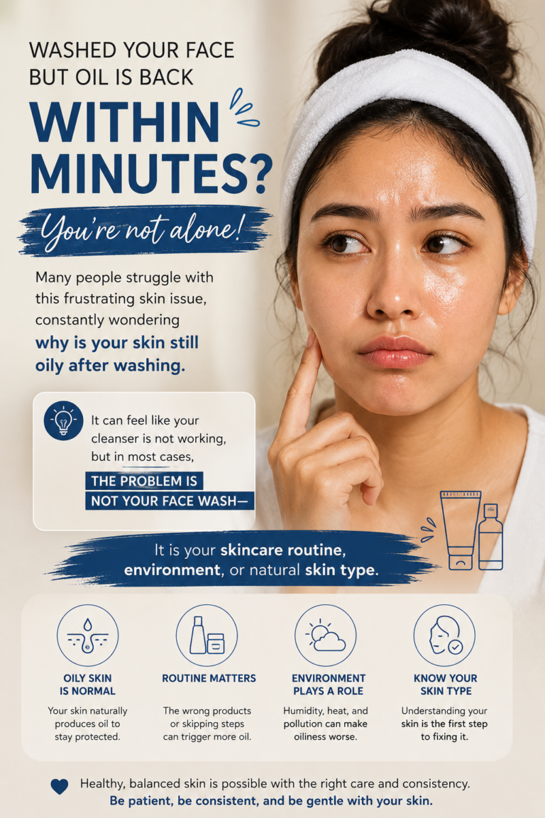 A beige and blue skincare infographic explaining why your skin is still oily after washing. It features a woman checking her shiny skin in a mirror, a bold headline reading "You're Not Alone!", and an educational checklist with icons addressing routine mistakes, environment, and skin type.
