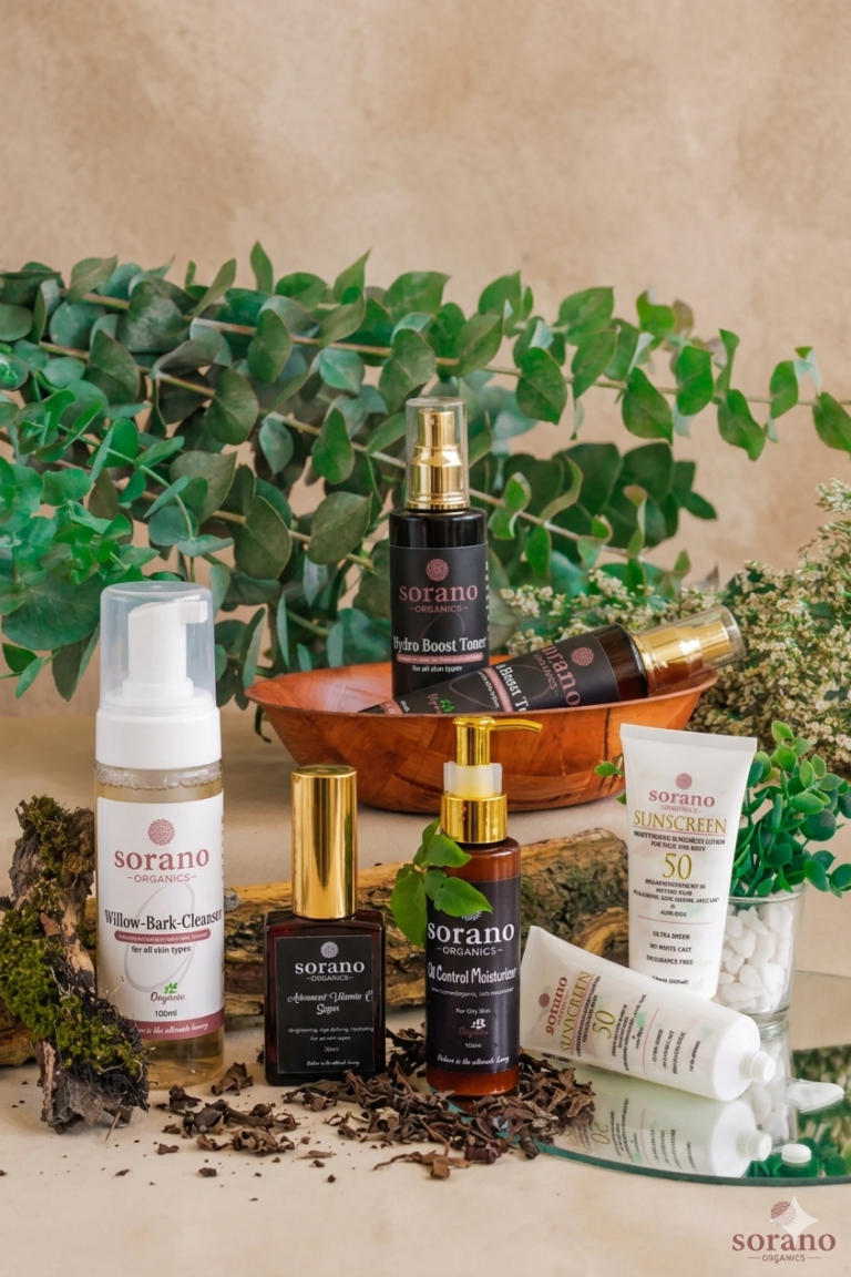 An infographic showing the correct order of skincare products: cleanser, toner, serum, treatment, moisturizer, and sunscreen, with arrows and Sorano Organics logo.