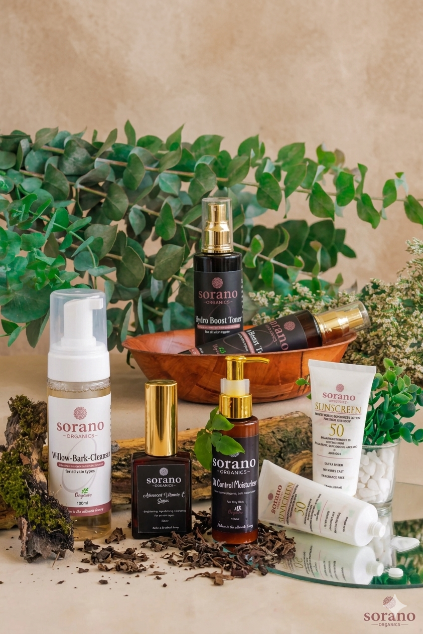 An infographic showing the correct order of skincare products: cleanser, toner, serum, treatment, moisturizer, and sunscreen, with arrows and Sorano Organics logo.