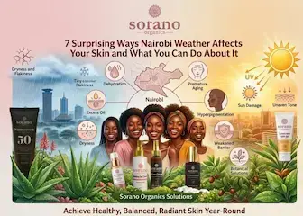 Infographic showing how Nairobi weather affects your skin, featuring Sorano Organics skincare products for dark skin.