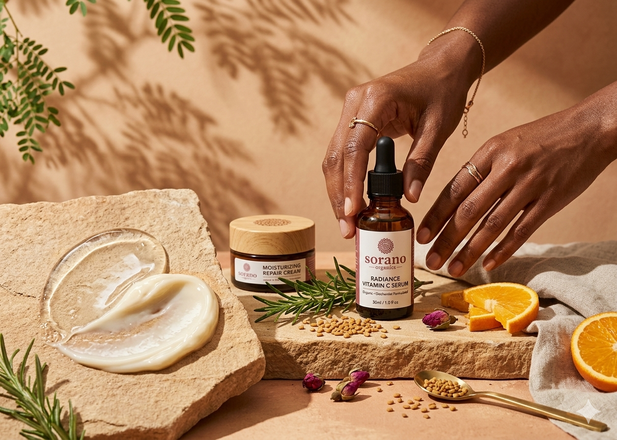 A luxury skincare setup featuring Sorano Organics Vitamin C Serum, detailing what ingredients help fade dark spots.